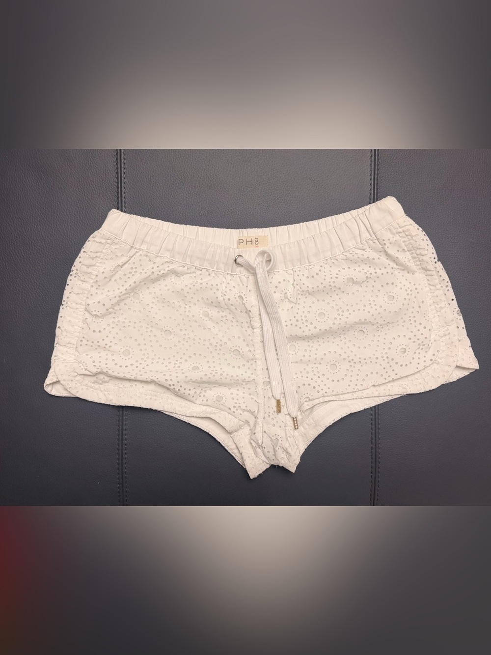 PH8 by bebe Y2K White Eyelet Athletic Shorts with Drawstring Waist